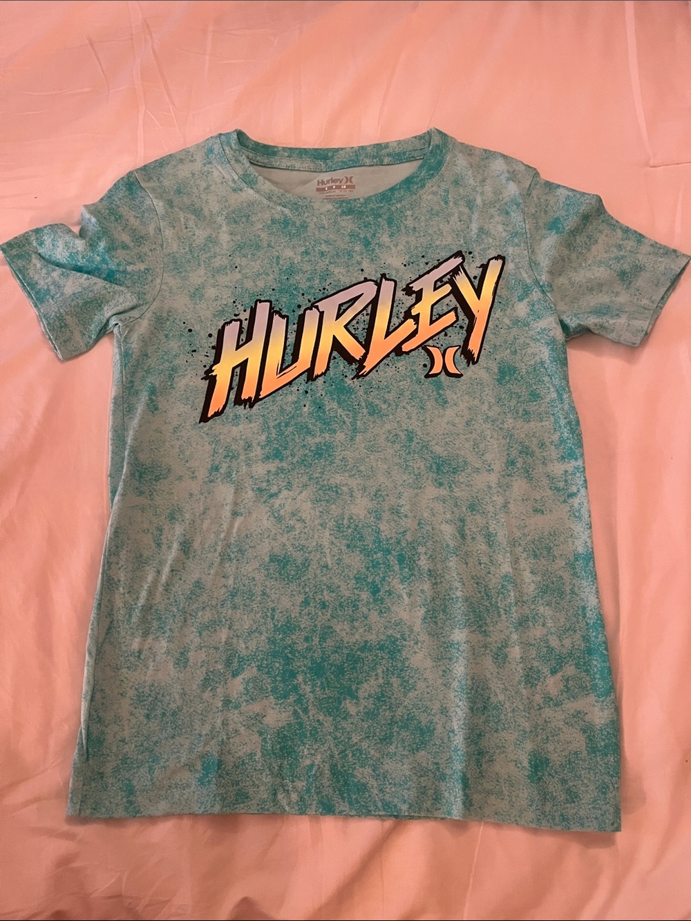 Hurley Teal Tie-Dye Graphic Tee with Yellow Accent- size 8-10